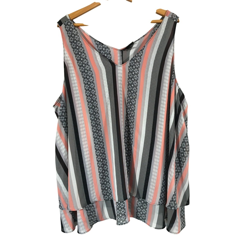 Lane Bryant Striped Coral Grey Black White Stripe Chiffon Tank Blouse Size 28